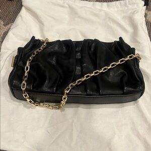Elleme Paris Black Ruched Leather Clutch with Gold Chain